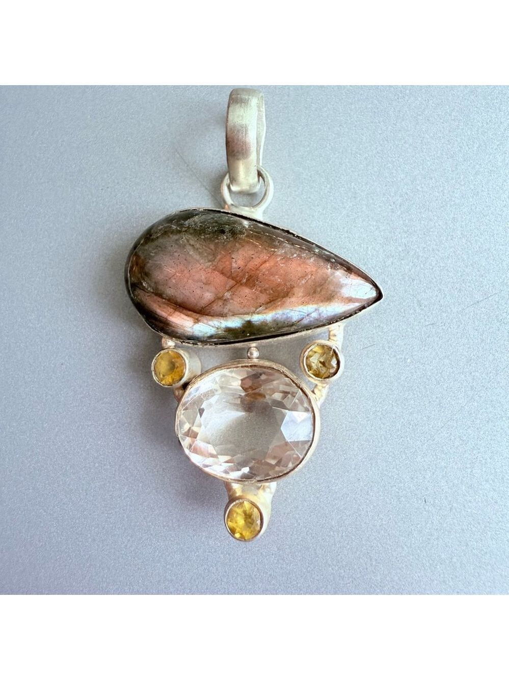 BIG Artisan Sterling Silver 925 Labradorite Topaz Quartz Gemstone 2.25" Pendant